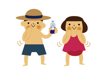  日焼け止めを塗る男の子と女の子。 夏のイラストレーション。