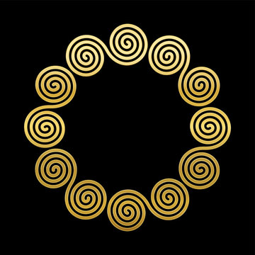 Double spiral frame, golden celtic meander circle. Interlocked combined spirals forming a geometric ancient motif, constructed from repeated lines. Vector on black background.