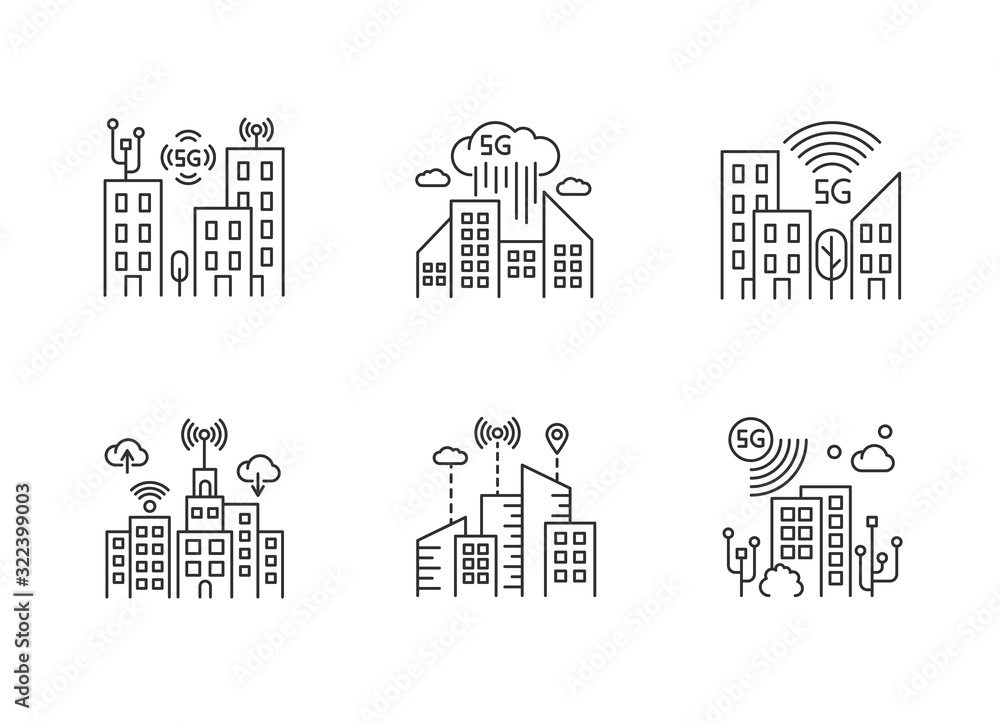 Poster 5g smart city pixel perfect linear icons set. urban intelligence. mobile cellular network coverage. 