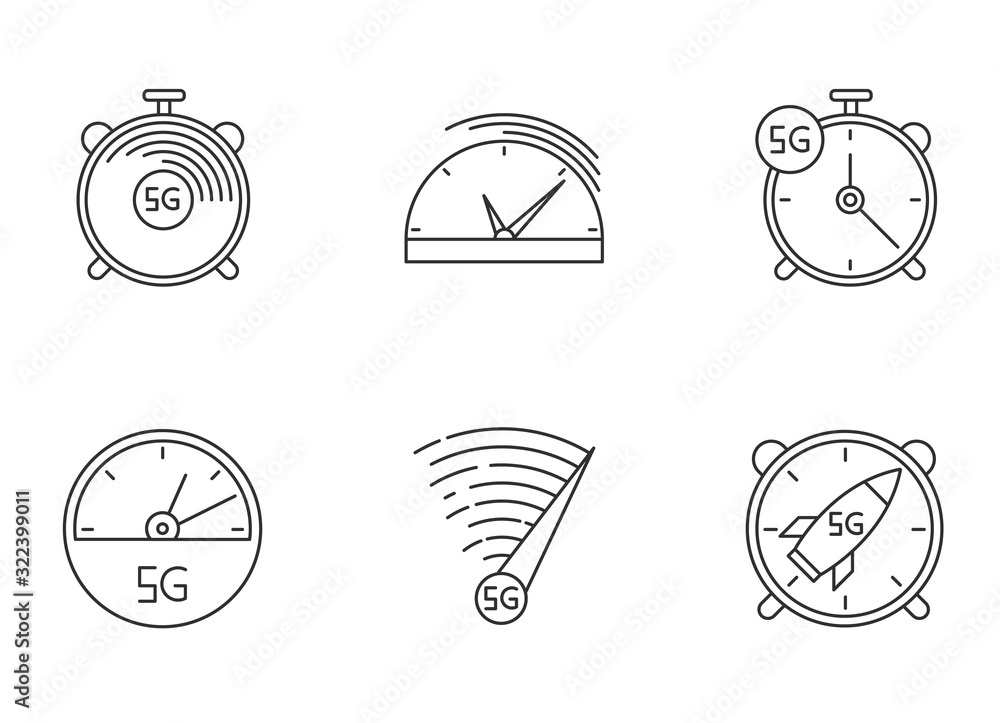Poster 5g fast speed connection pixel perfect linear icons set. stop-watches, speedometer. low latency inte