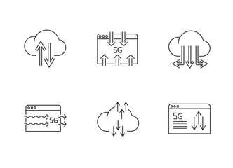 5G technology pixel perfect linear icons set. Data transmission, exchange. Cloud computing. Customizable thin line contour symbols. Isolated vector outline illustrations. Editable stroke