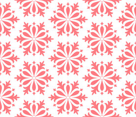 Flower geometric pattern. Seamless vector background. White and pink ornament. Ornament for fabric, wallpaper, packaging. Decorative print