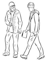 Vector drawing of students friends walking down street and talking