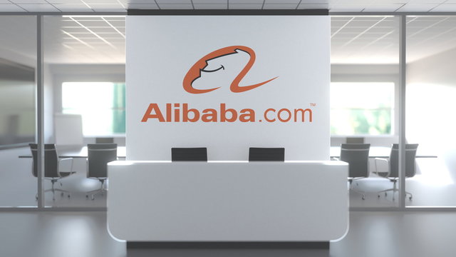 ALIBABA GROUP logo above reception desk in the modern office, editorial conceptual 3D rendering