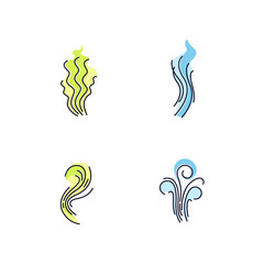 Smell blue and green RGB color icons set. Good and bad scent. Fluid odor, perfume scent. Stinky stench. Aromatic fragrance curves. Smoke stream, fume swirls. Isolated vector illustrations
