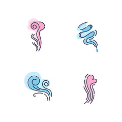 Odor blue and pink RGB color icons set. Good smell. Wind swirl, nice perfume scent. Aromatic fragrance flow with heart shape. Smoke puff, steam curls. Isolated vector illustrations