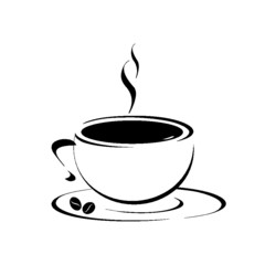 Cup of hot black coffee with coffee beans on the plate