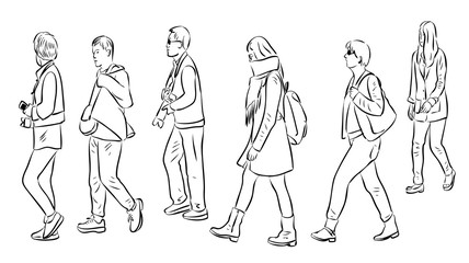 Vector outline drawing of casual city pedestrians walking along street