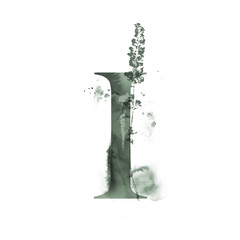 I Letter Logo Design with Floral elements and Dark Green Watercolor Splash.