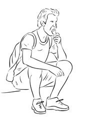 Vector outline drawing of a tourist sitting and eating ice cream during a walk