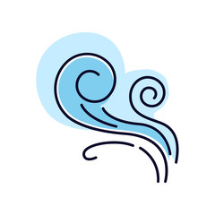 Wind whirl blue RGB color icon. Cold fresh air swirl. Whirlwind. Good smell, evaporation. Aromatic fragrance. Smoke puff, breeze. Blowing wind spirals, fume. Isolated vector illustration