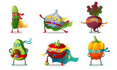 Set of superhero humanized vegetables in masks and capes. Vector illustration in flat cartoon style.