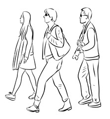 Vector outline drawing of family tourists going on a stroll
