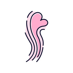 Odor pink RGB color icon. Good smell. Aroma swirl with heart shape evaporation. Perfume scent. Aromatic fragrance flow. Fluid puff, steam curl, evaporation. Isolated vector illustration
