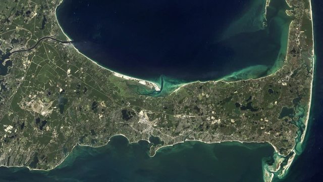Coastline evolution change time lapse on Cape Cod peninsula, aerial satellite animation. Images furnished by Nasa