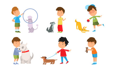 Set of boys playing, walking and training dogs. Vector illustration in flat cartoon style.