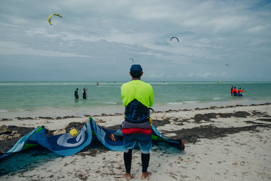 mexico, island holbox - february 2020 Kite surfing at holbox island in the caribbean sea.