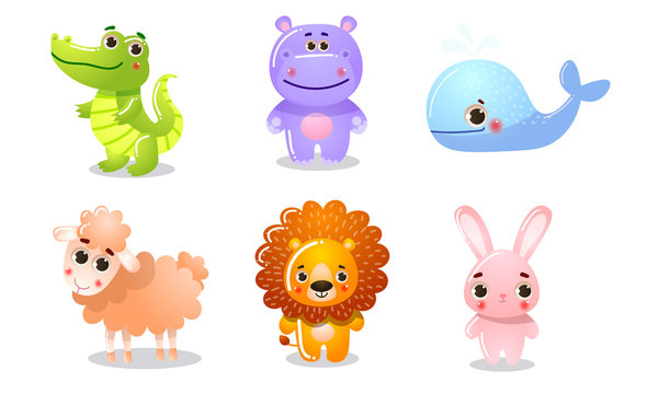 Set of different colorful cute animals. Vector illustration in flat cartoon style.