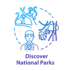 Discover national parks concept icon. Wildlife reserve visit, tourist activity idea thin line illustration. Public natural landmark exploration. Vector isolated outline RGB color drawing