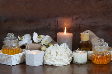 Fototapeta na wymiar Spa composition with towels and candles