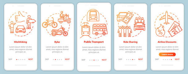 Transportation onboarding mobile app page screen with concepts. Car sharing. Frugality. Cheap tourism walkthrough five steps graphic instructions. UI vector template with RGB color illustrations