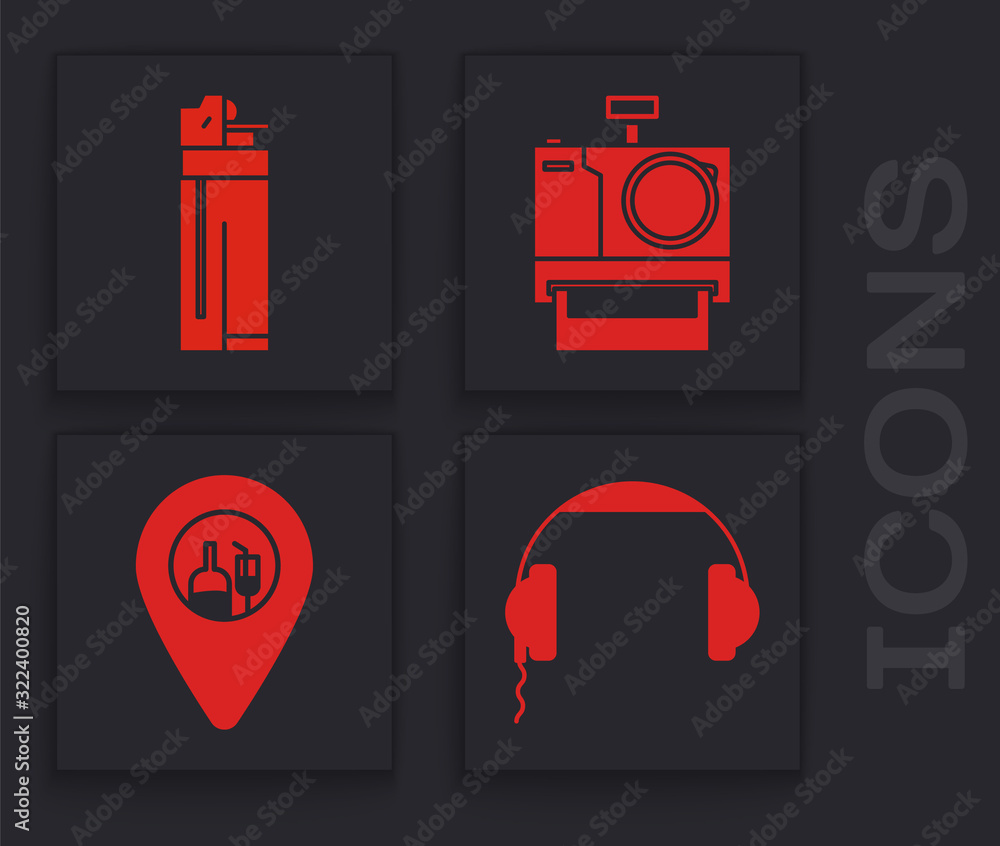 Sticker Set Headphones , Lighter , Photo camera and Alcohol or beer bar location icon. Vector