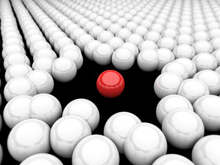 Be the diferent, white balls circling a different red ball 3d Render