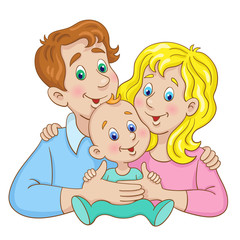 Portrait of a young happy family. Mother, father and little baby. In cartoon style. Isolated on white background. Vector illustration.
