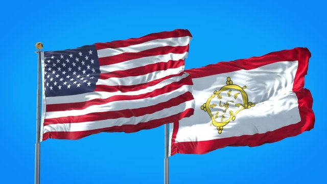 Sikkim and United States flag waving in deep blue sky together. High Definition 3D Render.