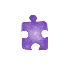 Watercolor hand drawn violet puzzle element isolated on white background. Autism awareness day.