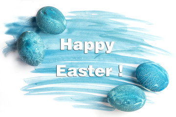 happy easter greeting card, easter eggs in blue, color 2020