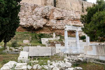 Ancient Greek ruins, columns, building. Acropolis, Athens, Greece. Athens view