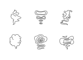 Odor pixel perfect linear icons set. Smell from hookah. Aroma from cannabis. Cigarette stream. Bad scent. Customizable thin line contour symbols. Isolated vector outline illustrations. Editable stroke