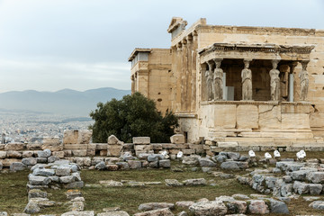 Ancient Greek ruins, columns, building. Acropolis, Athens, Greece. Athens view
