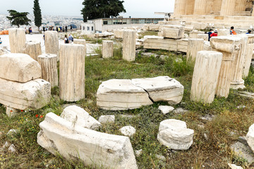 Ancient Greek ruins, columns, building. Acropolis, Athens, Greece. Athens view