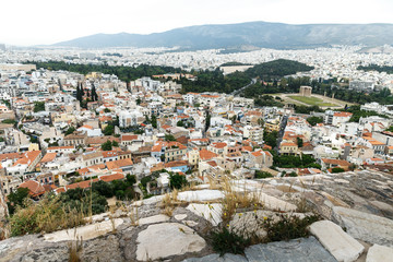 Fototapeta na wymiar Ancient Greek ruins, columns, building. Acropolis, Athens, Greece. Athens view