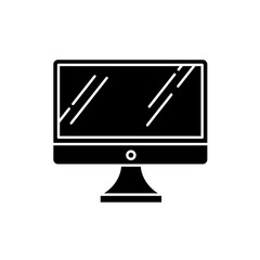 Desktop computer monitor black glyph icon. Regular personal computer. Display, screen. Electronic gadget. Digital device. Technology. Silhouette symbol on white space. Vector isolated illustration