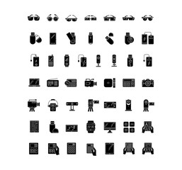 Mobile devices black glyph icons set on white space. Smartphone, laptop, computer. E-reader, camera, powerbank. Compact digital tools. Silhouette symbols. Vector isolated illustration