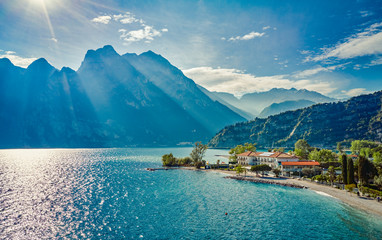 Panorama of Torbole a small town on Lake Garda, Italy. Europa.beautiful Lake Garda surrounded by...