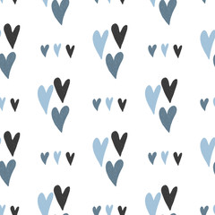 Seamless pattern of hand drawn simple hearts in pastel blue colors on white background