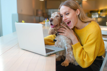 Portrait of beautiful blogger babe with surprised face holding her adorable puppy and using laptop...