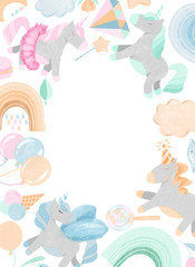 Frame, card template with unicorns, crystals, clouds and other magic elements in pastel colors, greeting card, birthday, invitation, baby shower card design