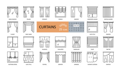Set window curtains 25 icons with editable stroke. French, Austrian, Japanese, classic curtains, blinds, drapery, wicker, for the bathroom. Thin symbols for interior design, textiles shop. - 322404296