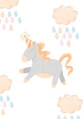Hand drawn unicorn and rainy clouds in warm pastel colors, nursery poster design, birthday card template for girls