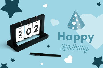 January 2th calendar for anniversary. Day 2 of month. Birthday card message for print.