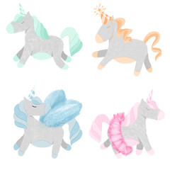 Isolated cute hand drawn unicorns collection, nursery unicorns illustration, ballerina and butterfly unicorns on white background