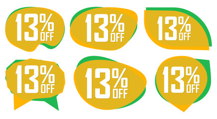 Set Sale 13% off bubble banners, discount tags design template, vector illustration