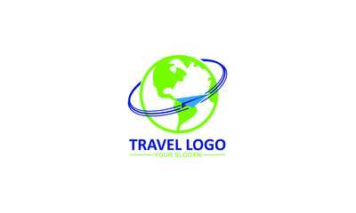 creative Travel agency vector logo template with globe and paperplanes. Holiday logo Tourism emblem, journey, leisure center premium simple concept, world map icon. 