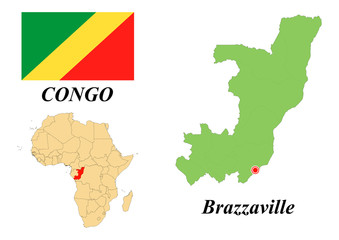 Republic of Congo. The Capital Is Brazzaville. Flag Of The Republic Of The Congo. Map of the continent of Africa with country borders. Vector graphics.