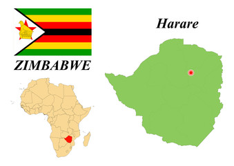 Republic of Zimbabwe. Capital Of Harare. Flag Of Zimbabwe. Map of the continent of Africa with country borders. Vector graphics.